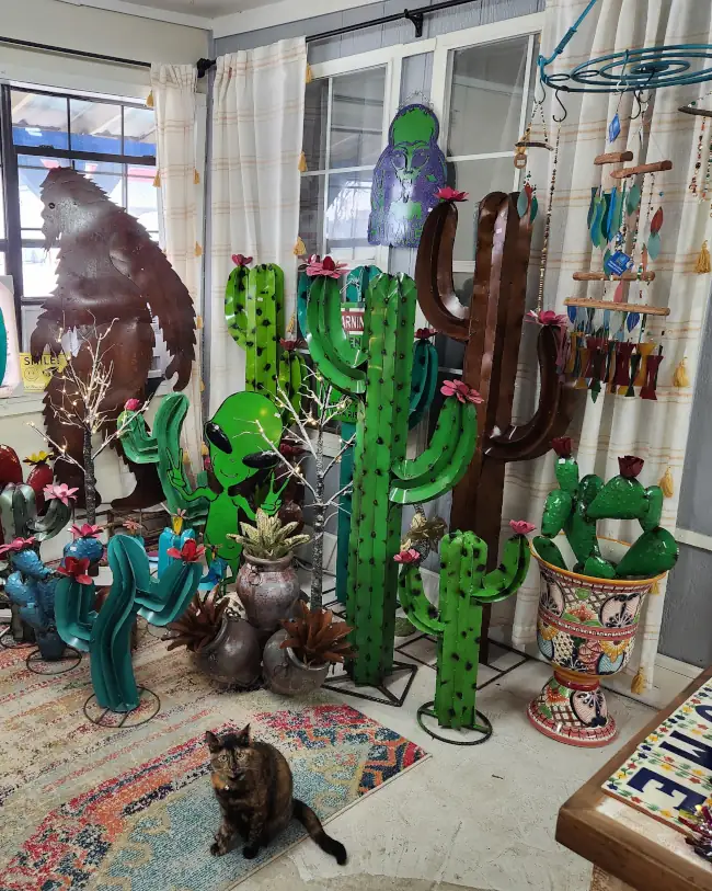 Wooden shelf display of handmade gifts and colorful one-of-a-kind finds at Cantaimer Shopping